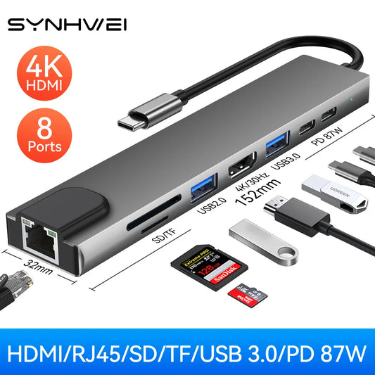 USB C HUB with 4K HDMI 100W PD USB C Port USB 3.0 RJ45 Ethernet SD/TF Card Reader Docking Station 4/5/6/8 Ports USB C Adapter