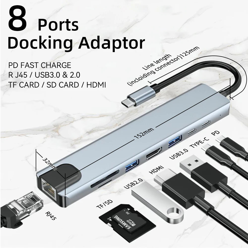 USB C HUB with 4K HDMI 100W PD USB C Port USB 3.0 RJ45 Ethernet SD/TF Card Reader Docking Station 4/5/6/8 Ports USB C Adapter