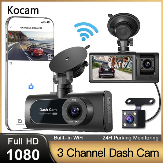 3 Channel Car HD DVR 1080P, WiFi, 3-Lens Vehicle Dash Cam. Three Way Camera. DVR Recorder Video Dashcam Camcorder
