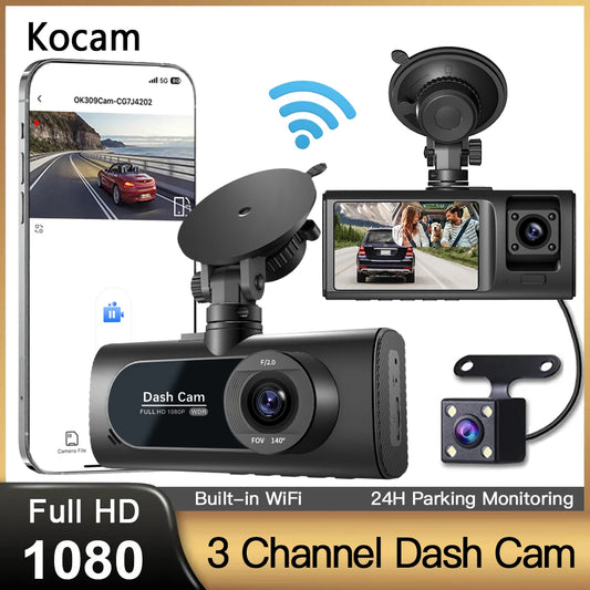 3 Channel Car HD DVR Video Dashcam Recorder. 3lens/3 Way Camera. WiFi 1080p G-Sensor